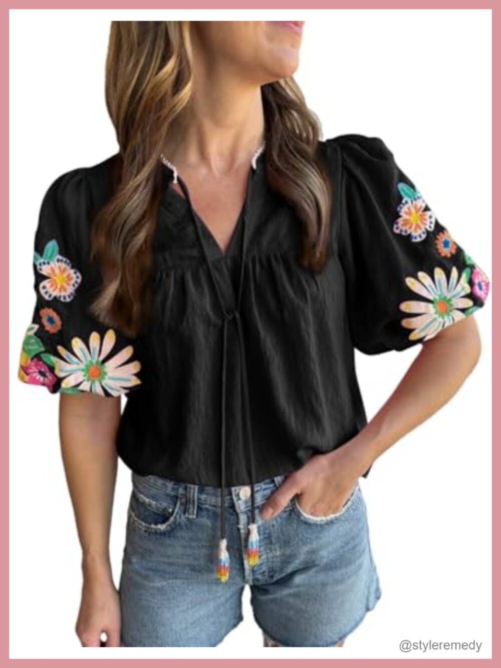 Boho Embroidered V Neck Puff Sleeve Tunic Blouse - Summer Casual Top
